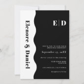 Side Wave Monogram Zwart & Wit Foto Huwelijk Kaart (Voorkant)