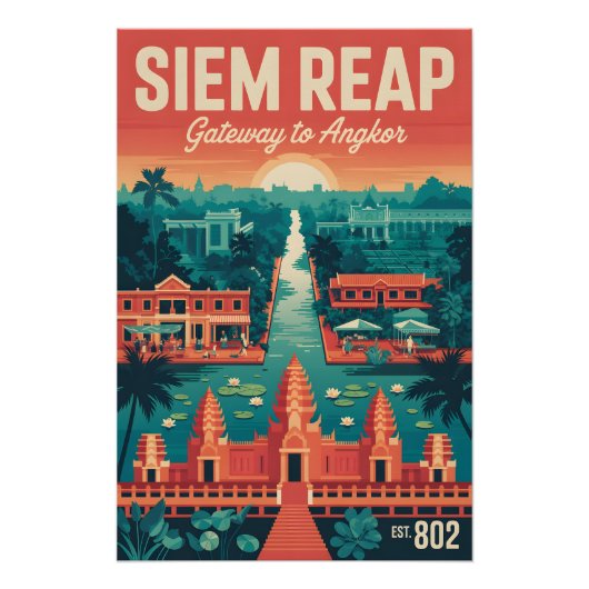 Siem Reap Cambodja Retro Reisposter Kunst Perfect Poster (Voorkant)