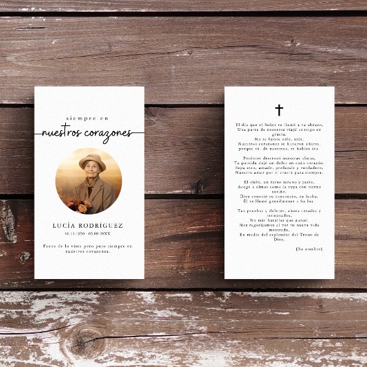 Siempre en Nuestros Corazones Spaans Fotogebed Visitekaartje