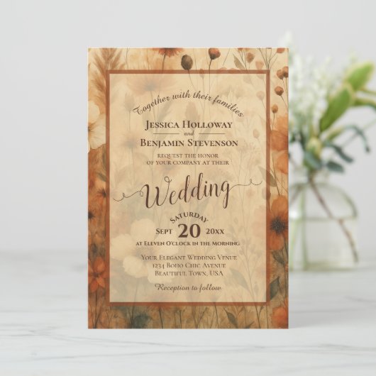 Sienna Boho Floral Calligraphy & QR Code Wedding Kaart (Staand voorkant)