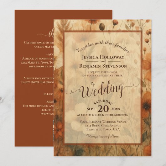 Sienna Boho Floral Calligraphy & QR Code Wedding Kaart (Voorkant / Achterkant)