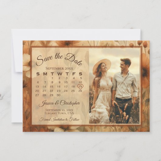 Sienna Boho Floral Medley Calendar & Photo Wedding Save The Date (Voorkant)