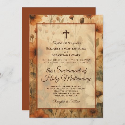 Sienna Boho Watercolor Floral Catholic Wedding Kaart (Voorkant / Achterkant)