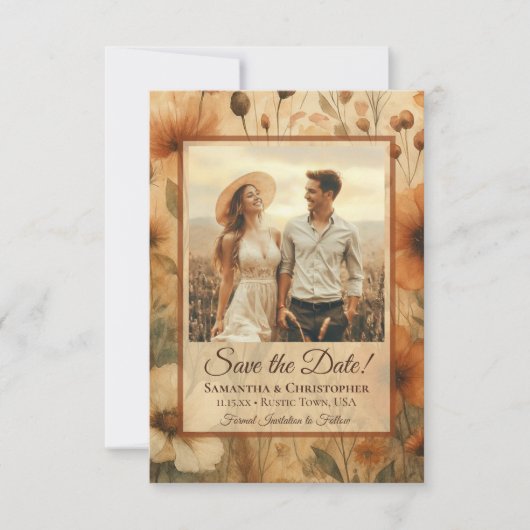 Sienna Boho Watercolor Wildflowers Photo Wedding Save The Date (Voorkant)