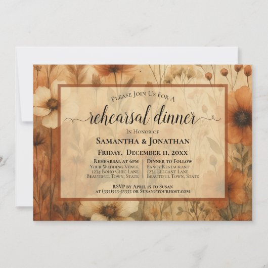 Sienna Boho Wildflowers Wedding Rehearsal Dinner Kaart (Voorkant)