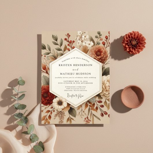 Sienna Botanische Herfst Romantische Bruiloft Kaart