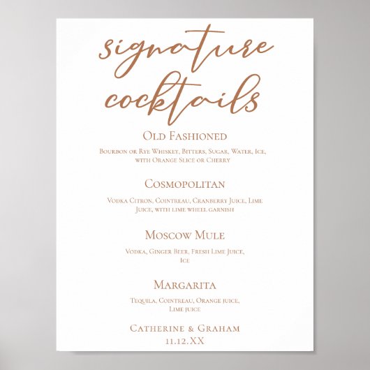 Sienna Brown Bruiloft Signature Cocktails Menu Poster (Voorkant)