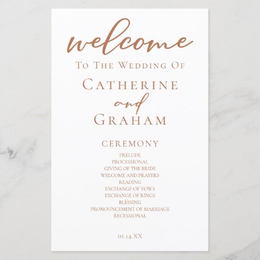 Sienna Brown Script Custom Fall bruiloft programma (Voorkant)