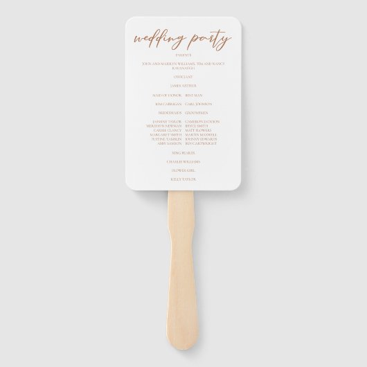 Sienna Brown Script Custom Fall bruiloft programma Handwaaier (Achterkant)