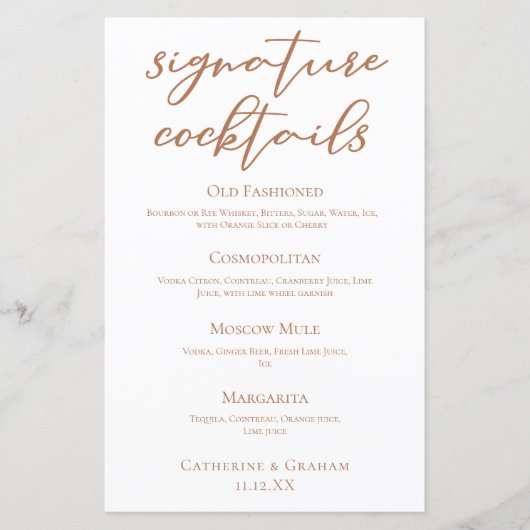 Sienna Brown Trouwhandtekening Cocktails Menu (Voorkant)