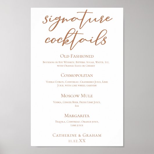 Sienna Brown Trouwhandtekening Cocktails Menu Poster (Voorkant)