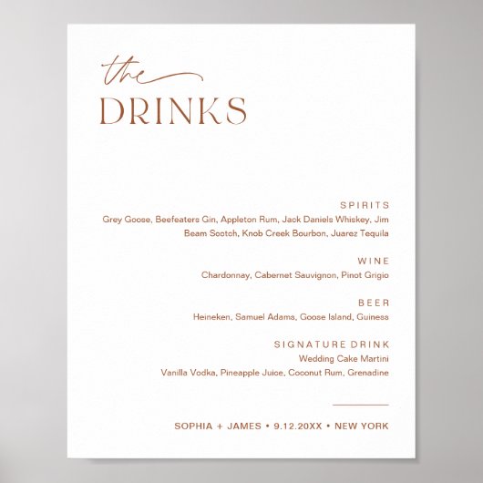 SIENNA Bruiloft Bar Drink Menu Sign Poster (Voorkant)
