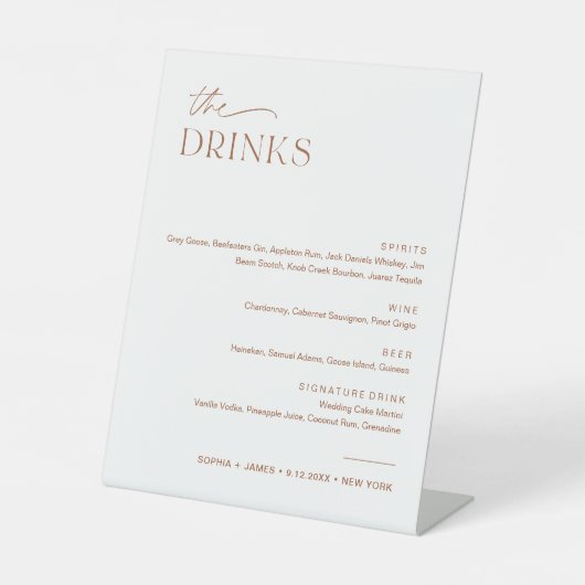 SIENNA Bruiloft Drink Bar Menu Reclamebord Met Voetstuk (Voorkant)