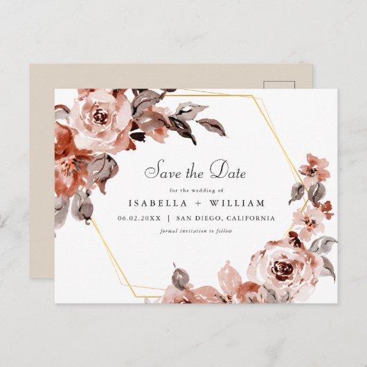 Sienna Floral and Gold Lijst Save the Date Briefkaart (Voorkant / Achterkant)