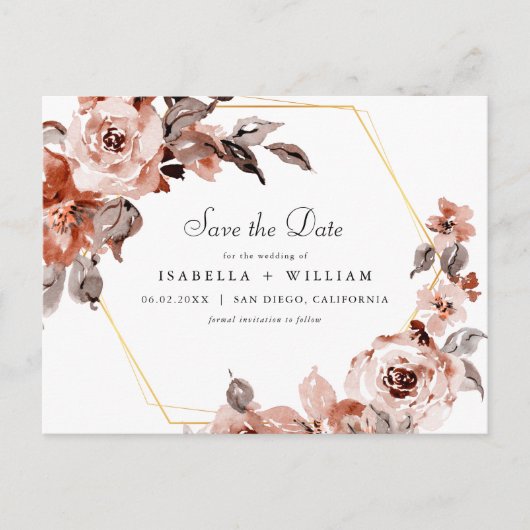 Sienna Floral and Gold Lijst Save the Date Briefkaart (Voorkant)