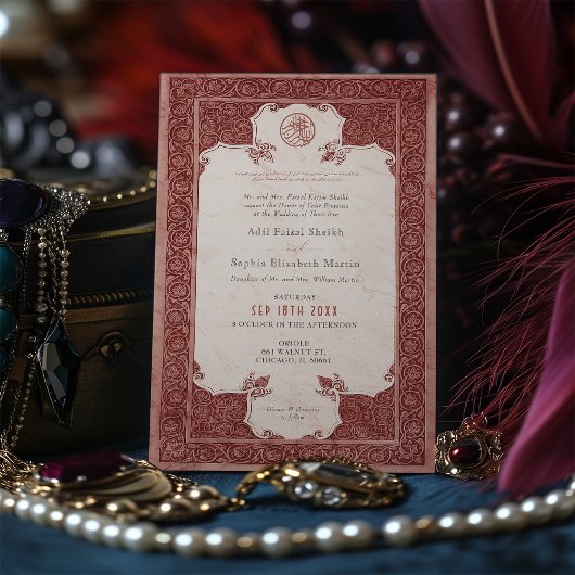 Sienna Ruby Rode Kant Traditionele Moslim Bruiloft Kaart