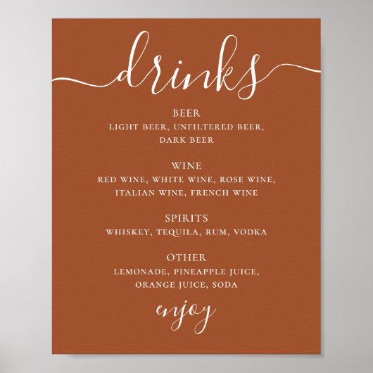 Sienna Wedding Drinks Menu | Terracotta Bar Sign Poster (Voorkant)