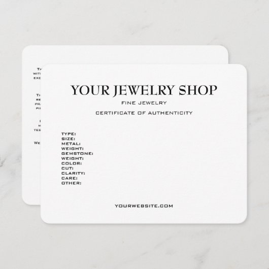 Sieraden Certificaat van echtheid Sjabloon (Voorkant / Achterkant)