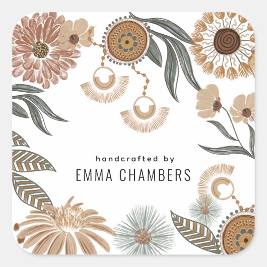 Sieraden Designer Boho Bloemen Productlabel Vierkante Sticker (Voorkant)