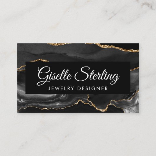 Sieraden Designer QR Code Zwart Gouden Agaat Luxe Visitekaartje (Voorkant)