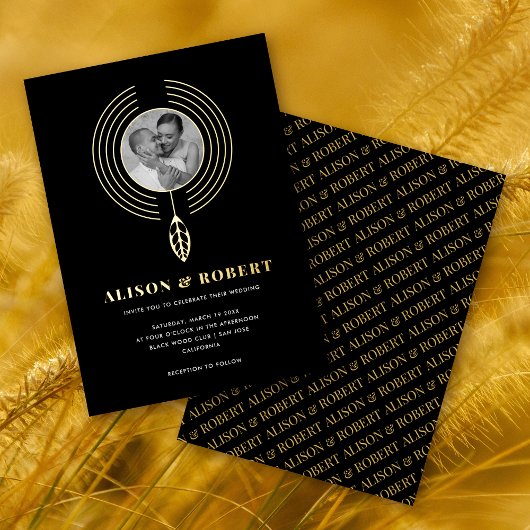 Sieraden geïnspireerd lijst, blad en foto bruiloft folie uitnodiging