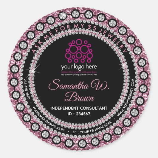 Sieraden Glitter Roze Ronde Sticker (Voorkant)