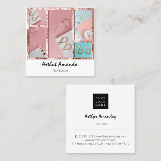 Sieraden Luxe gouden parels Roos roze wit ingelijs Vierkante Visitekaartje (Voorkant / Achterkant)