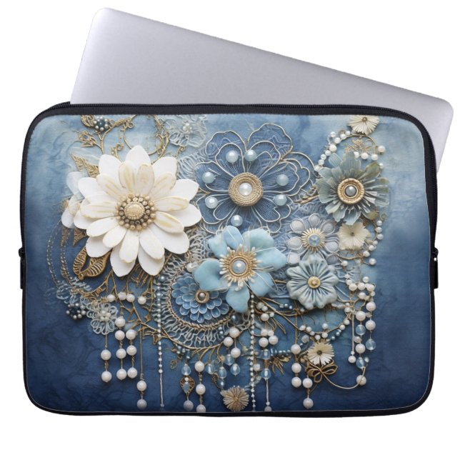 Sieraden op blauwe denim laptop sleeve (Voorkant)