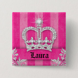 Sieraden Princess Crown Pink Stripes Broche Vierkante Button 5,1 Cm