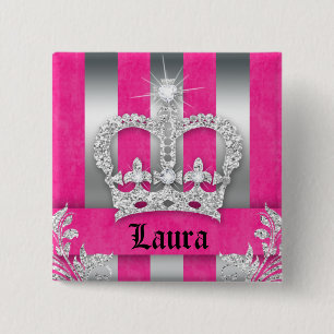 Sieraden Princess Crown Roze Strepen Broche Zilver Vierkante Button 5,1 Cm