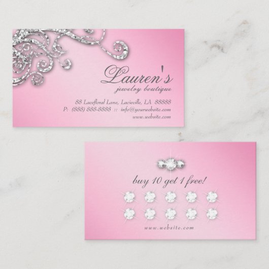 Sieraden Swirl Loyalty Kaart Glitter Diamonds Roze (Voorkant / Achterkant)