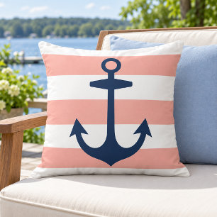 Sieranker Navy Anker Koraal Witte Streep Kussen
