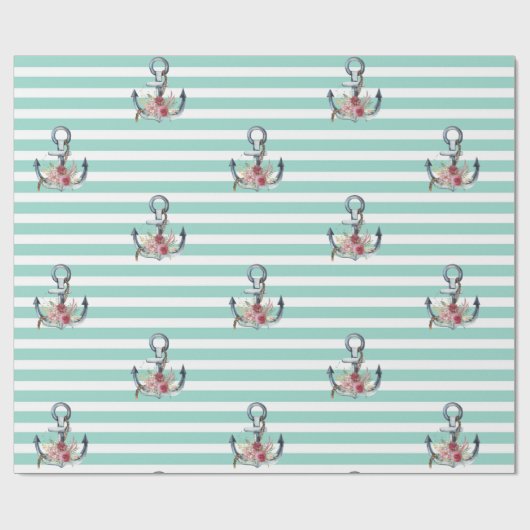 Sierankers, bloemen mintgroene strepen   cadeaupapier (Vlak)