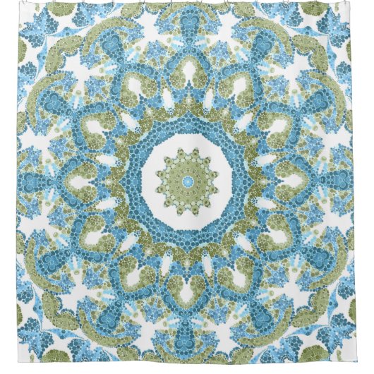 sierblauwe groene witte decoratie douchegordijn (Voorkant)