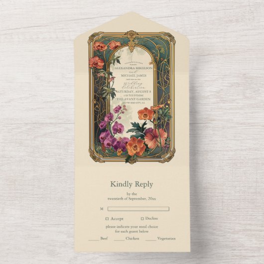  sierbloemen art nouveau bruiloft all in one uitnodiging (Binnen)