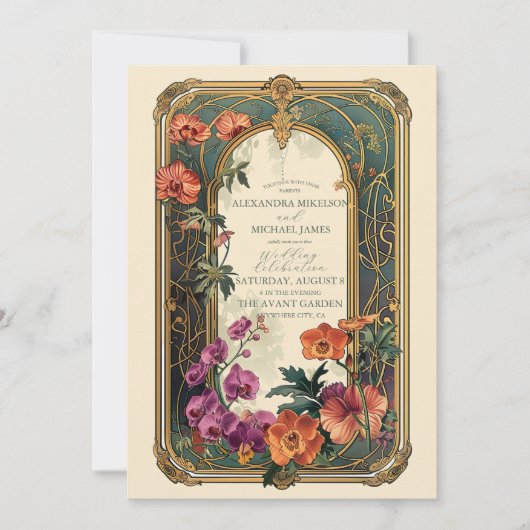  sierbloemen art nouveau bruiloft kaart (Voorkant)