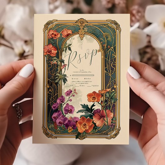  sierbloemen art nouveau bruiloft RSVP kaartje