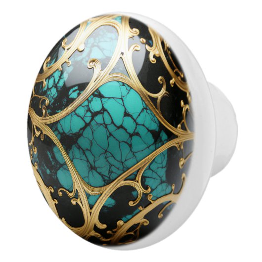 Siergoud filigraan Blauwgroen zwart marmer Keramische Knop (Rechts)