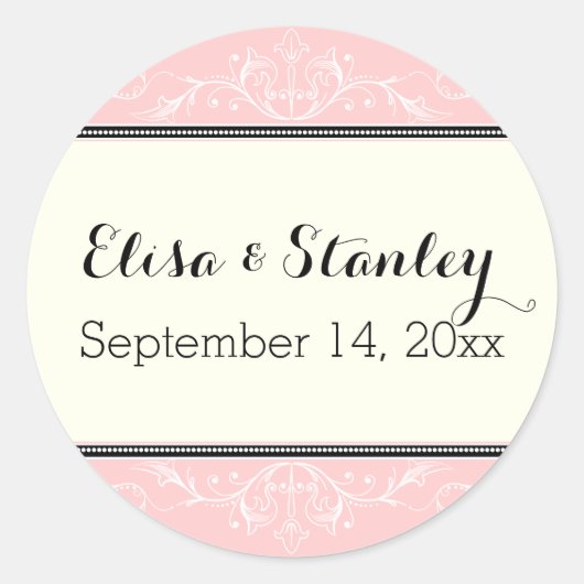 Siergrens roze ivoor bruiloft Save the Date Ronde Sticker (Voorkant)