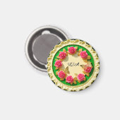 Siergroene randplaat met roze roos magneet (Voorkant / Achterkant)