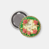 Siergroene randplaat met roze roos magneet (Voorkant / Achterkant)