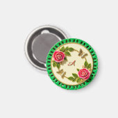 Siergroene randplaat met roze roos magneet (Voorkant / Achterkant)