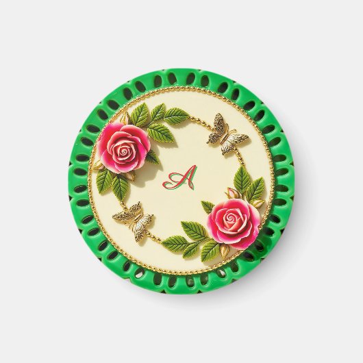 Siergroene randplaat met roze roos magneet (Voorkant)