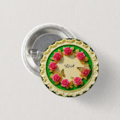 Siergroene randplaat met roze roos ronde button 3,2 cm (Voorkant /achterkant)