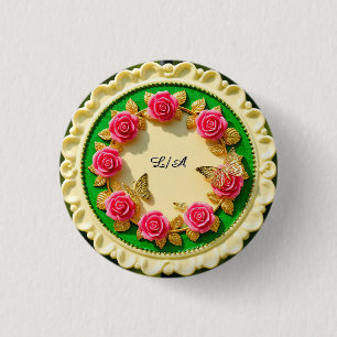Siergroene randplaat met roze roos ronde button 3,2 cm