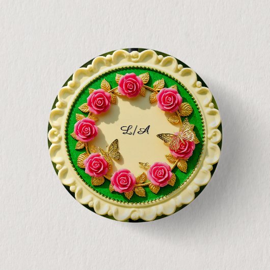 Siergroene randplaat met roze roos ronde button 3,2 cm (Voorkant)