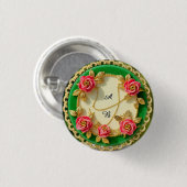 Siergroene randplaat met roze roos ronde button 3,2 cm (Voorkant /achterkant)