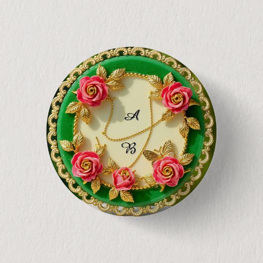 Siergroene randplaat met roze roos ronde button 3,2 cm (Voorkant)