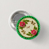 Siergroene randplaat met roze roos ronde button 3,2 cm (Voorkant /achterkant)