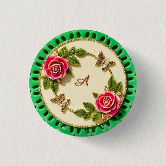 Siergroene randplaat met roze roos ronde button 3,2 cm (Voorkant)